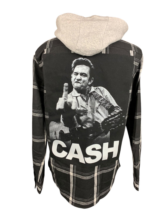 Johnny Cash Hooded Flannel Shirt Custom Rework Size XL