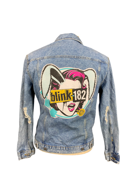 Blink 182 Distressed Denim Jean Jacket Custom Rework Size Medium