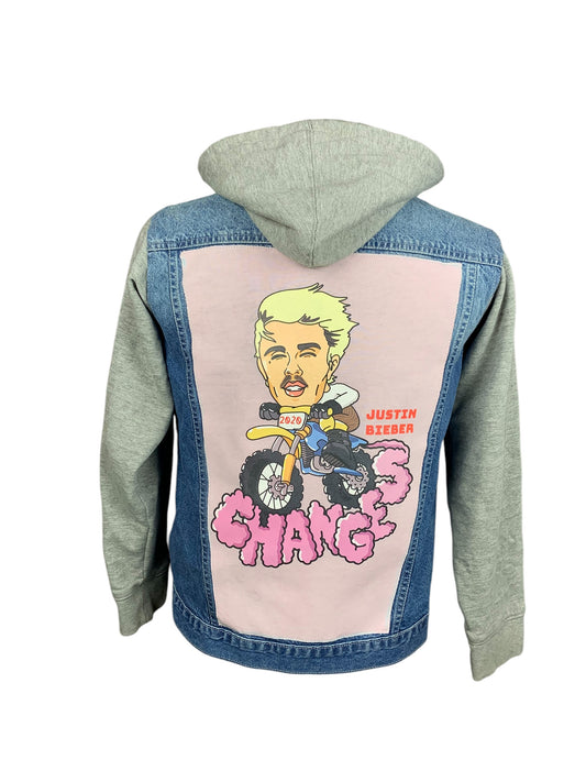 Justin Bieber Hooded Denim Jacket Custom Rework Size Medium