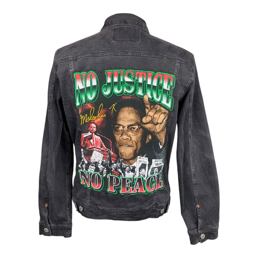 No Justice, No Peace Malcolm X  Denim Jacket Custom Rework Size Large