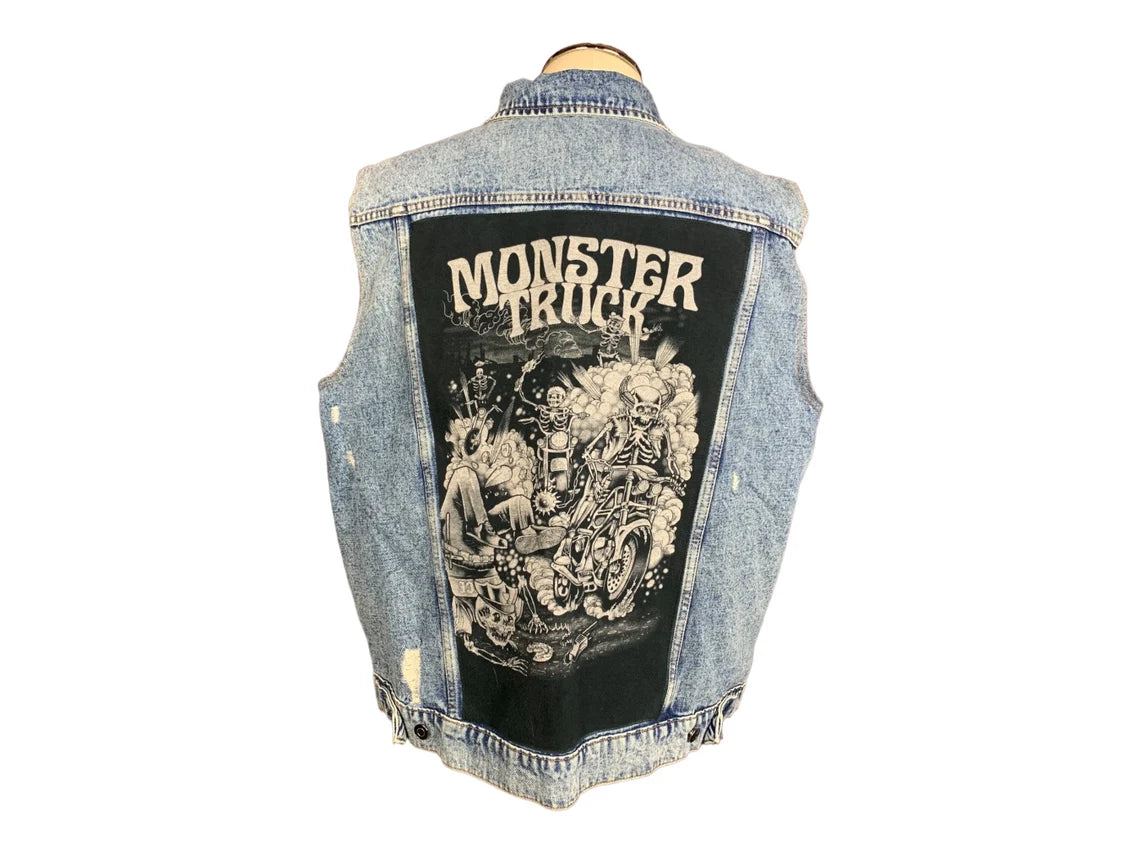 Monster Truck Denim Vest Custom Rework XL