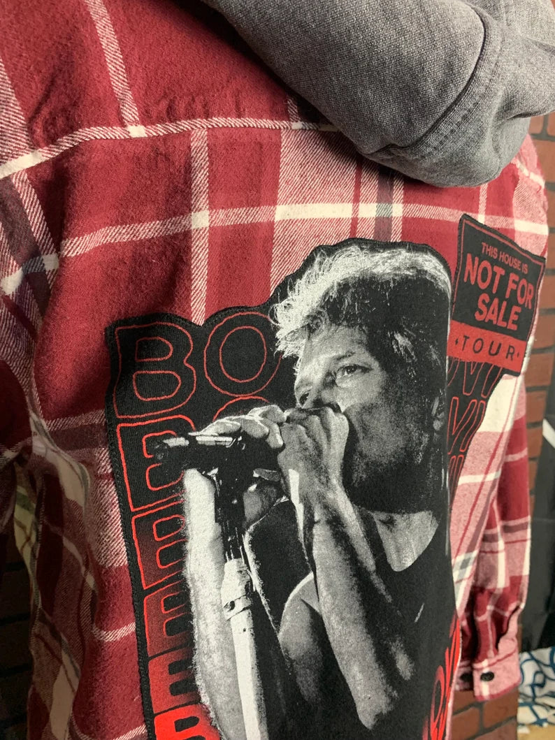 Bon Jovi Hooded Flannel Shirt Custom Rework XL