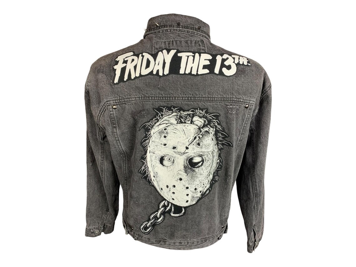 Friday the 13th Spikes n Chains Denim Jean Jacket Custom Rework Medium