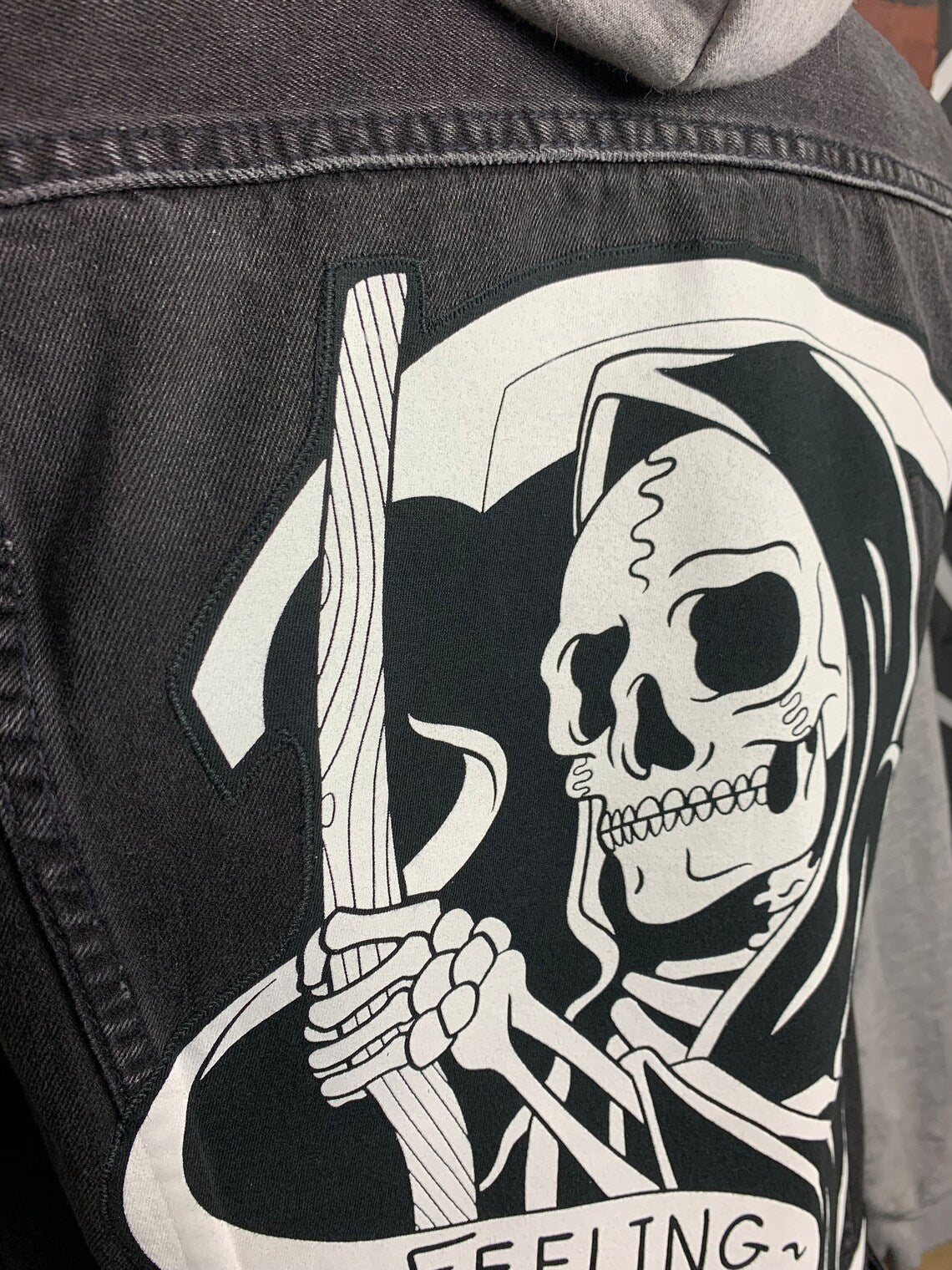 Feeling Grim Jean Jacket Custom Rework S